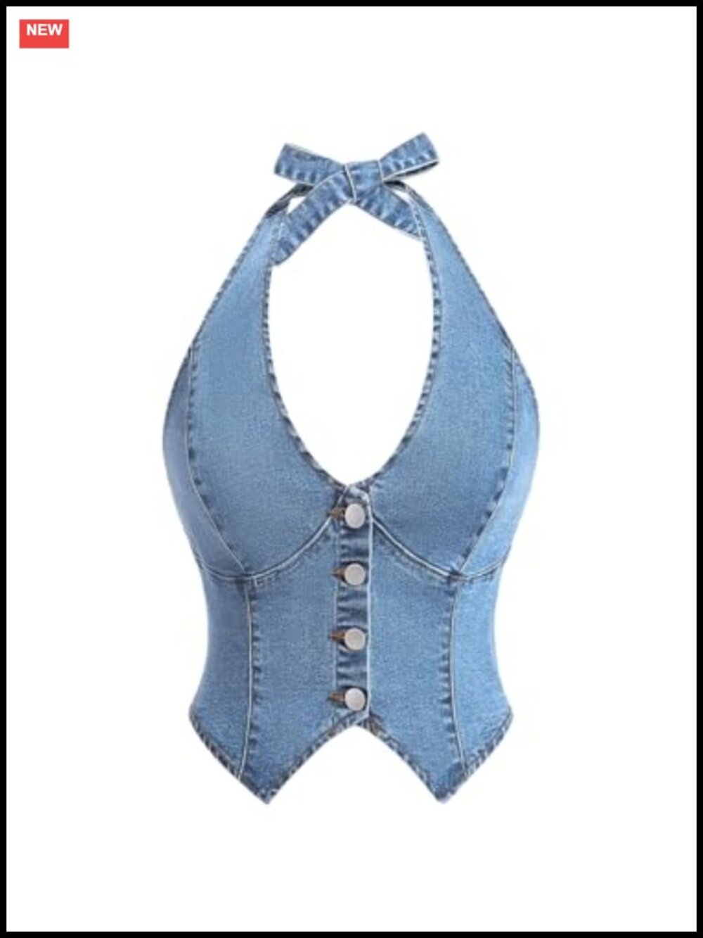 Women's Denim Halter Top Tie Backless Button Front Sleeveless Slim Fit Vest